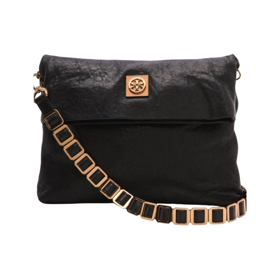 Tory Burch Beautiful Black Leather Women's Handbag w/ Woven Gold Chain Strap EUC - Picture 3 of 9